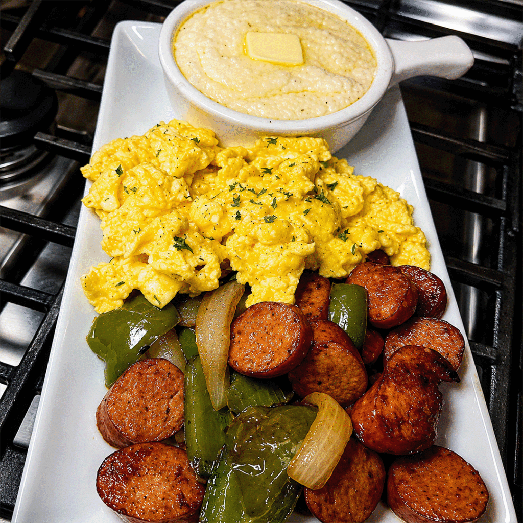 grits eggs and breafast sausage with onion and peppers