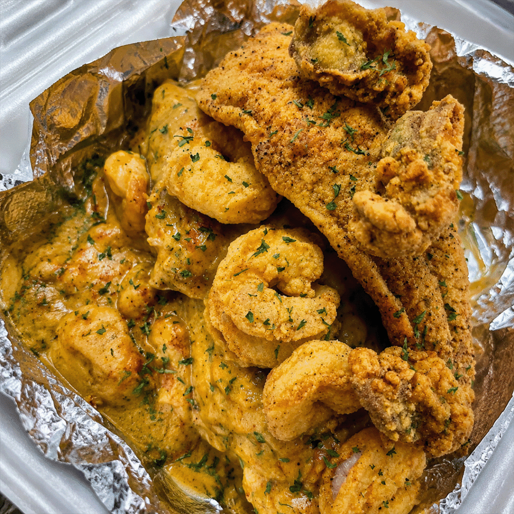 loaded catfish and shrimp baked poato