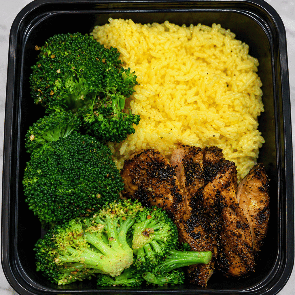 meal prep yellow rice broccoli and grilled chicken
