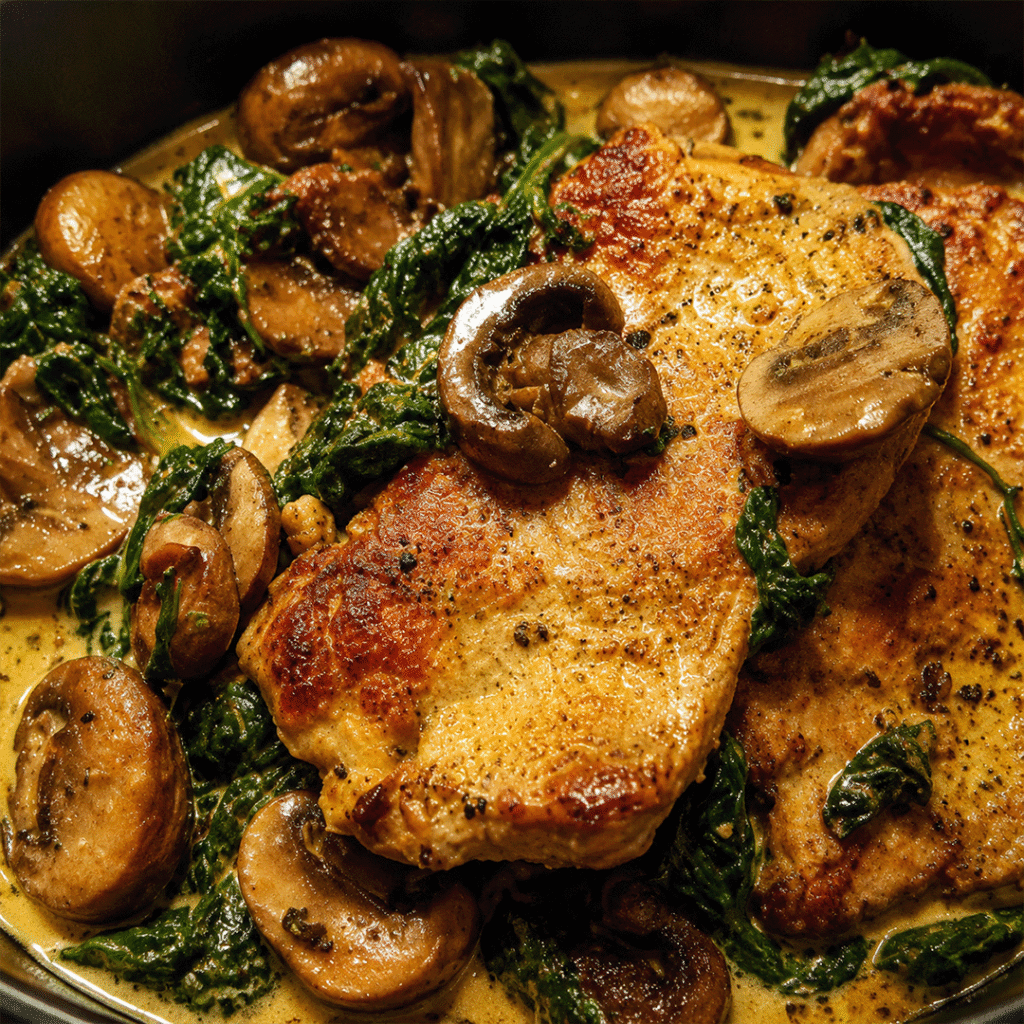 smothered pork medallion with capers and mushrooms