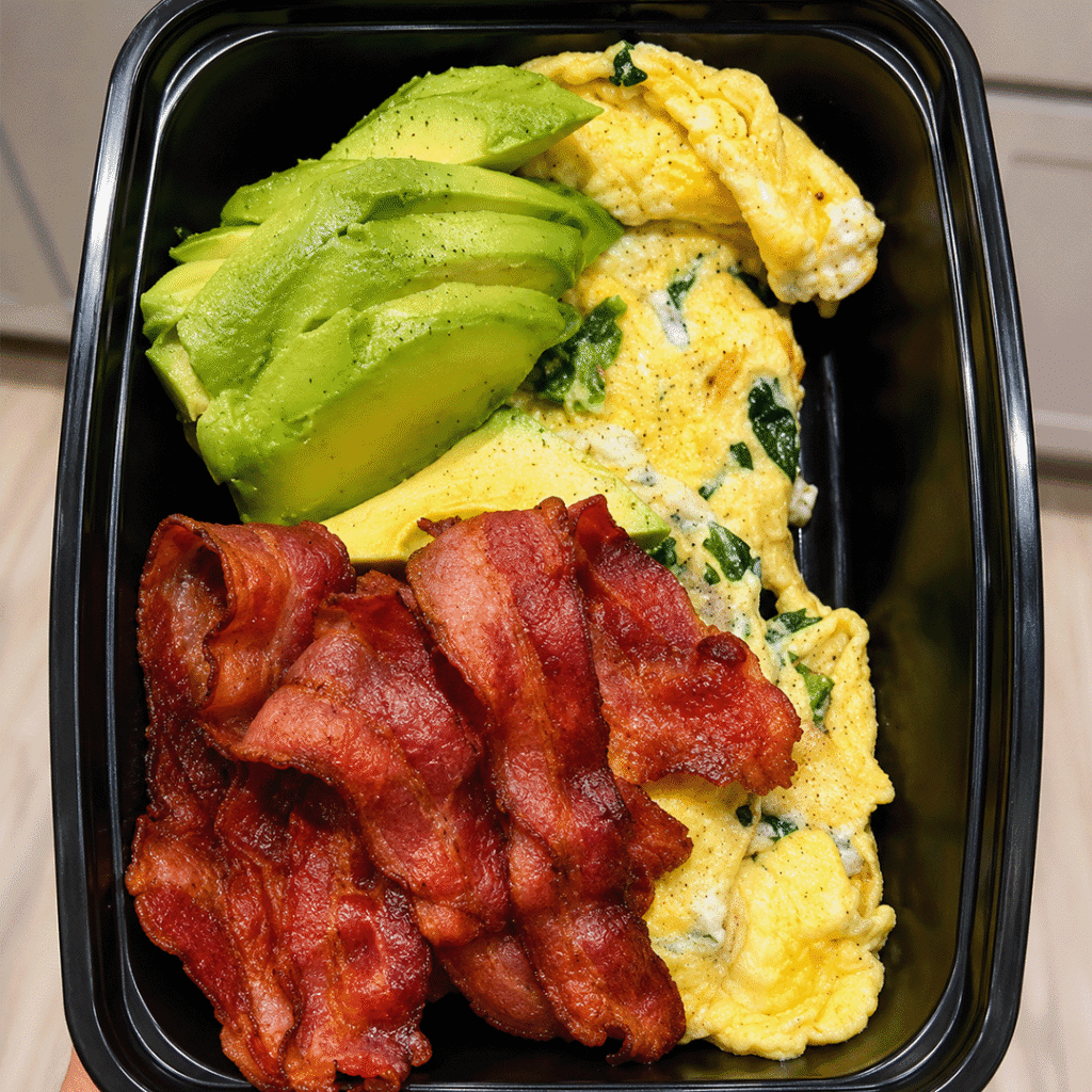 spinach omlette, bacon and avocado
